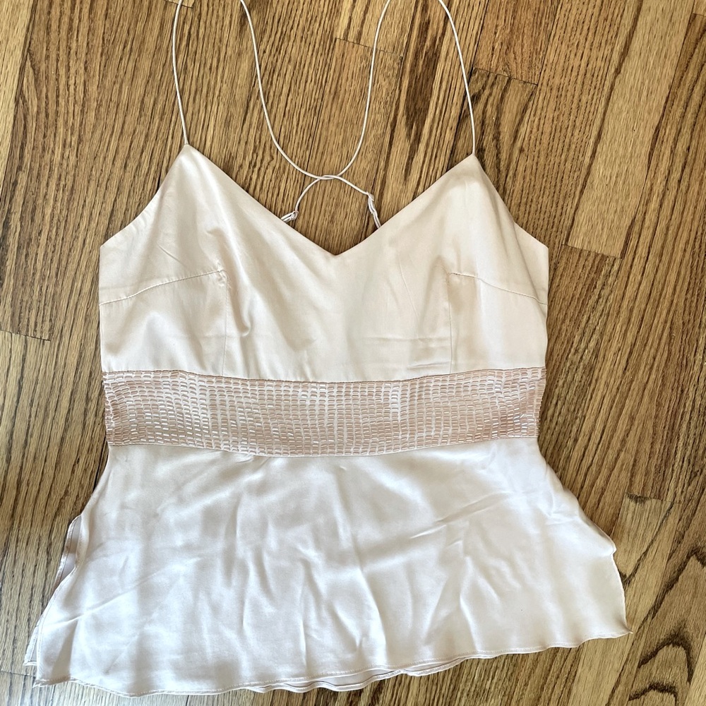Blush pink spaghetti strap silk top with beaded band under bust line
